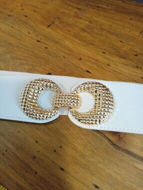 Plus Size 2X White Wide Band Elastic Belt w/Gold Decorative Double Ring Buckle